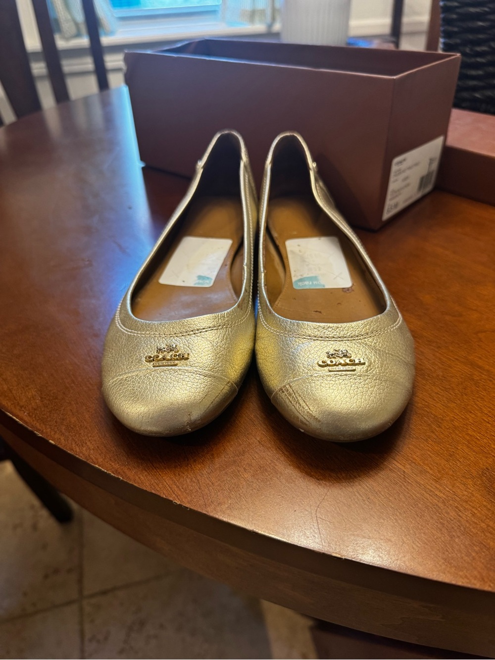 Coach Metallic Gold Leather Ballet Flats with Logo Accent